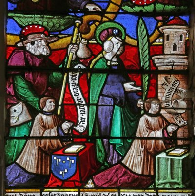 Fenster mit Darstellung des Jessebaums: Jacques Prénel und Barbe Laurendel mit dem Heiligen Jakob und der Heiligen Barbara von French School